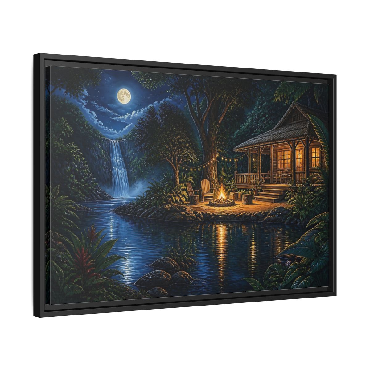 Side Mockup 14. Moonlit Riverside Cabin Retreat shown as framed canvas print