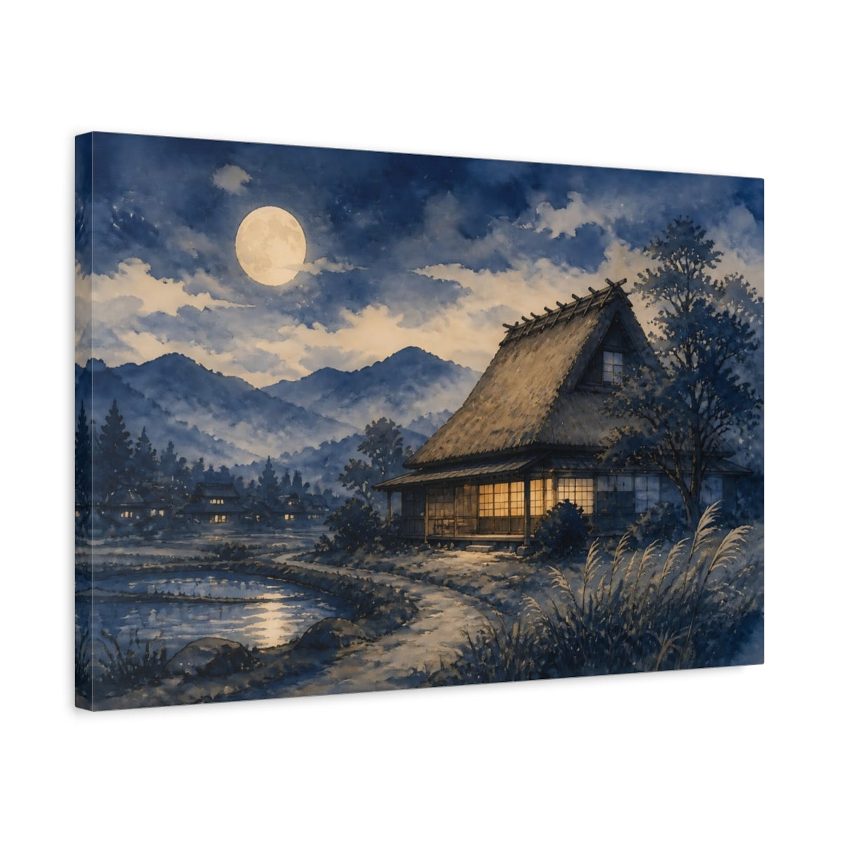 Side Mockup 3. Moonlit Thatched Farmhouse shown as canvas print