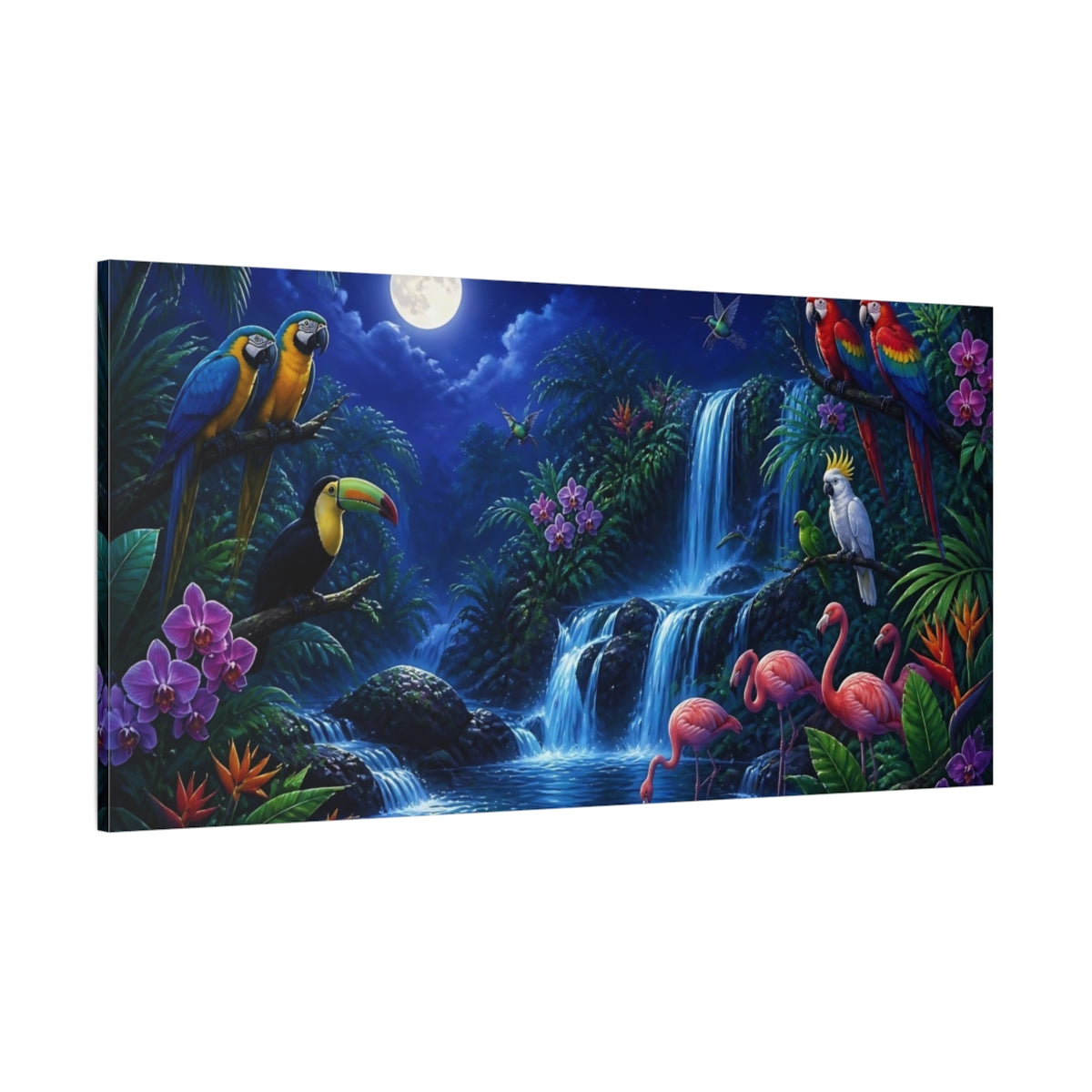 Side Mockup 2. Moonlit Tropical Birds shown as canvas print
