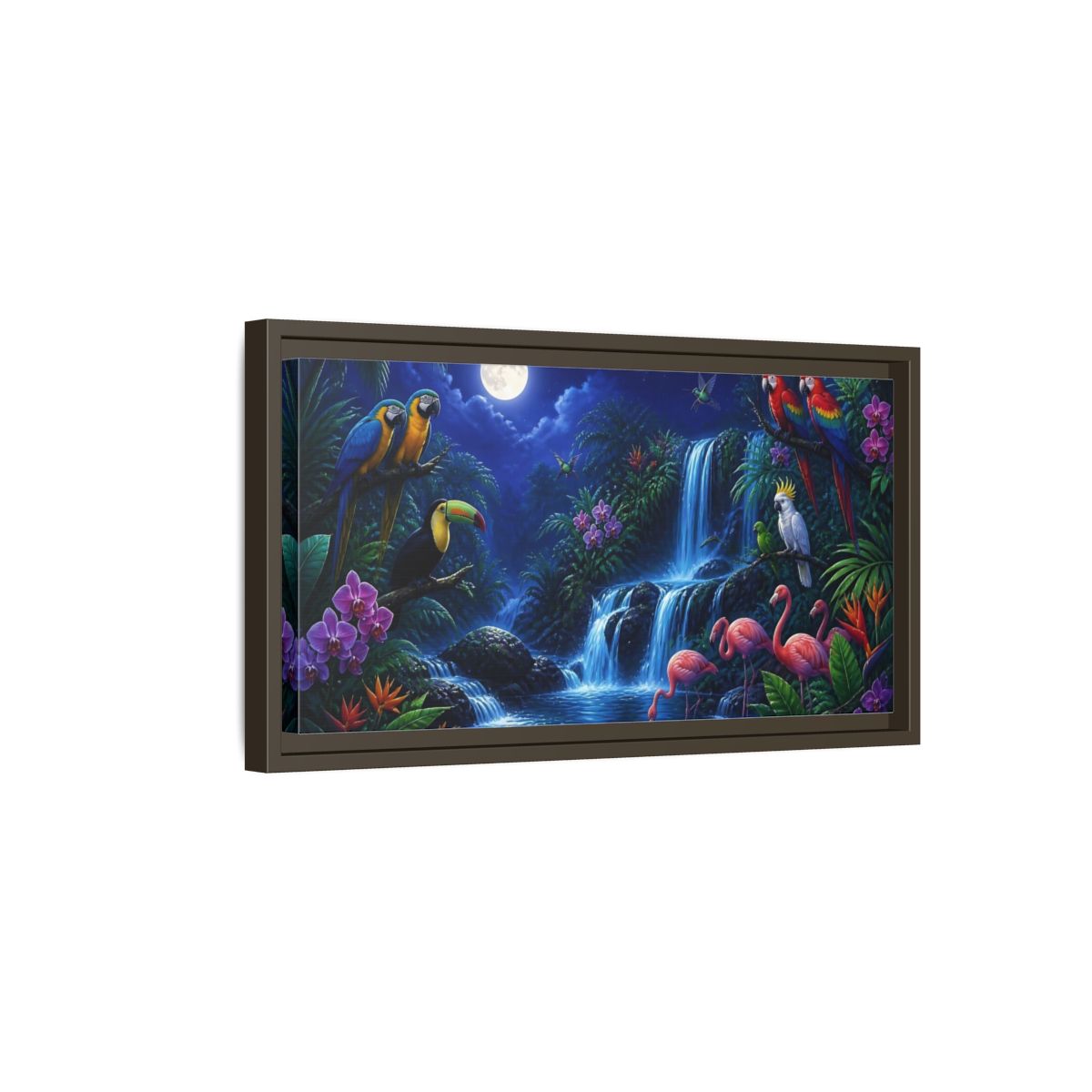Side Mockup 7. Moonlit Tropical Birds Waterfall shown as framed canvas print
