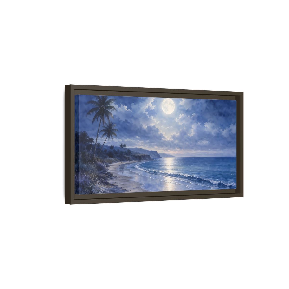 Side Mockup 7. Moonlit Tropical Shore shown as framed canvas print
