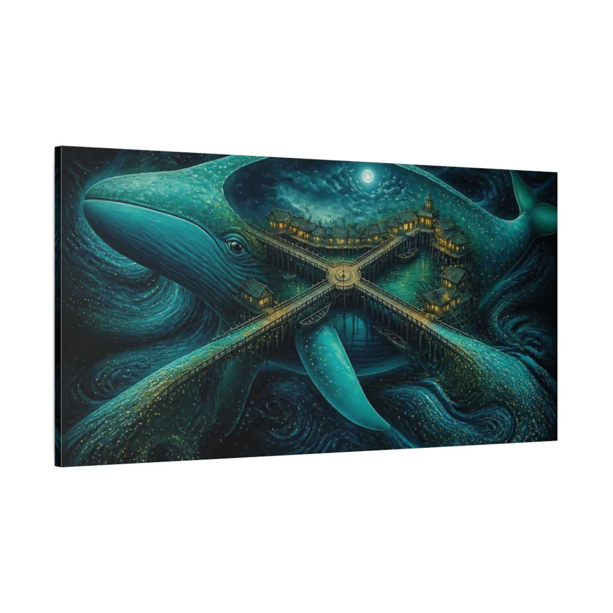 Side Mockup 2. Moonlit Whale Village shown as canvas print