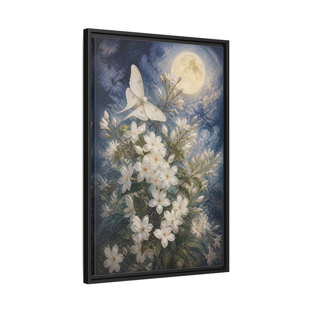 Side Mockup 14. Moonlit White Blossoms shown as framed canvas print