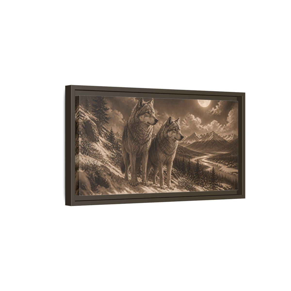 Side Mockup 7. Moonlit Wolf Pair shown as framed canvas print