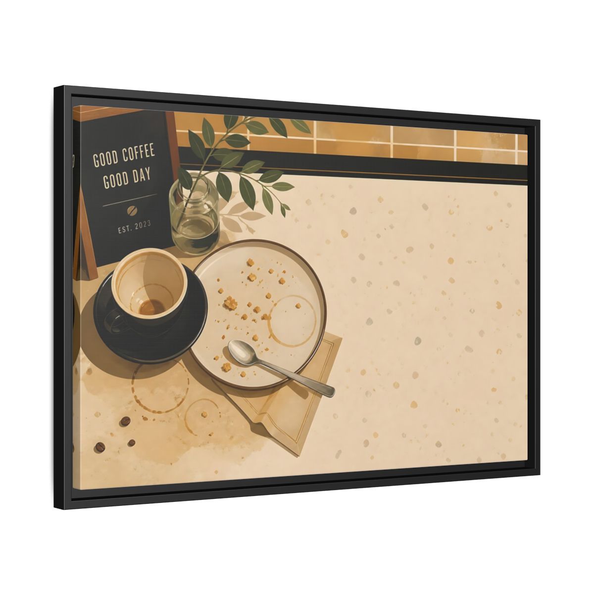 Side Mockup 14. Morning Coffee And Crumbs shown as framed canvas print