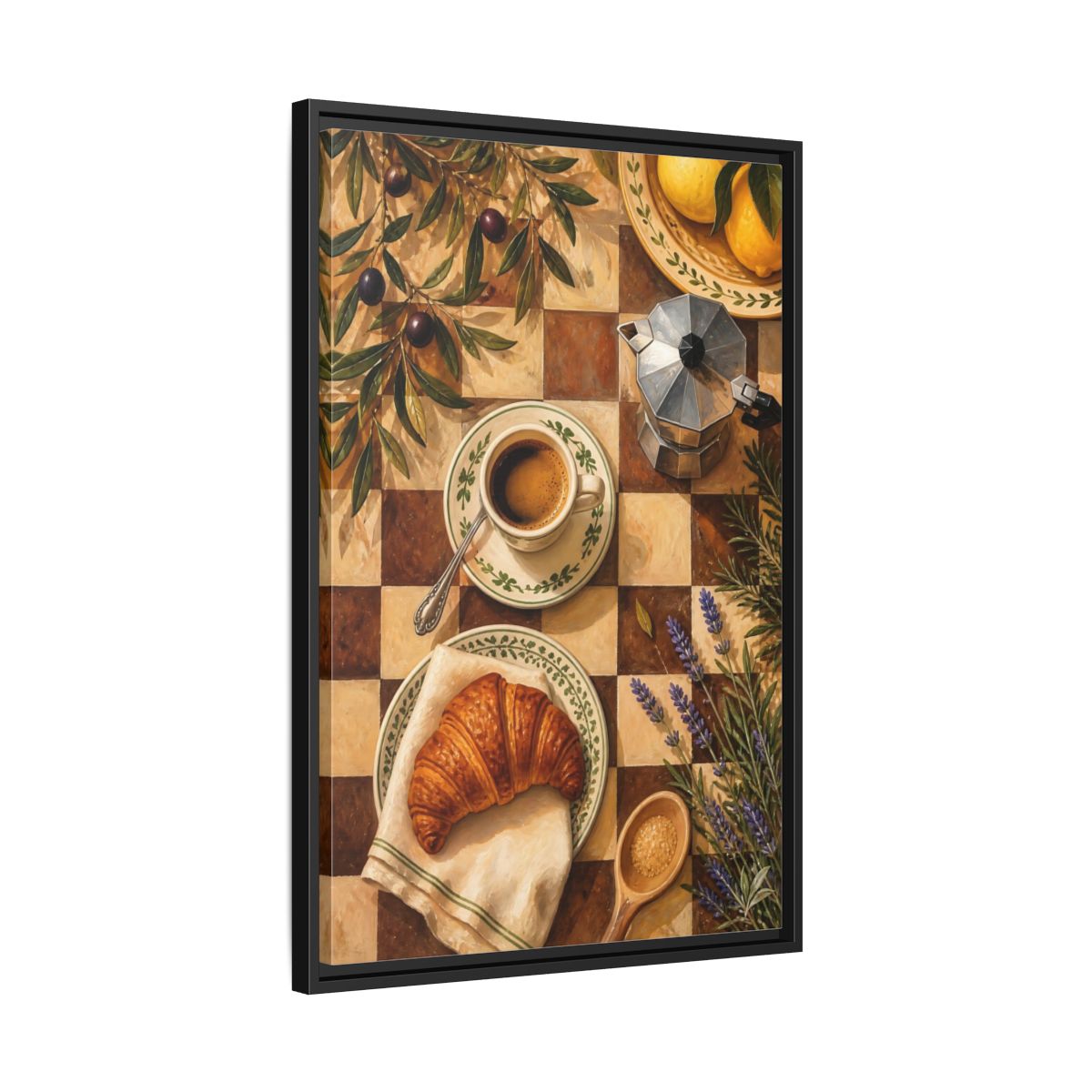 Side Mockup 14. Morning Coffee & Croissant shown as framed canvas print