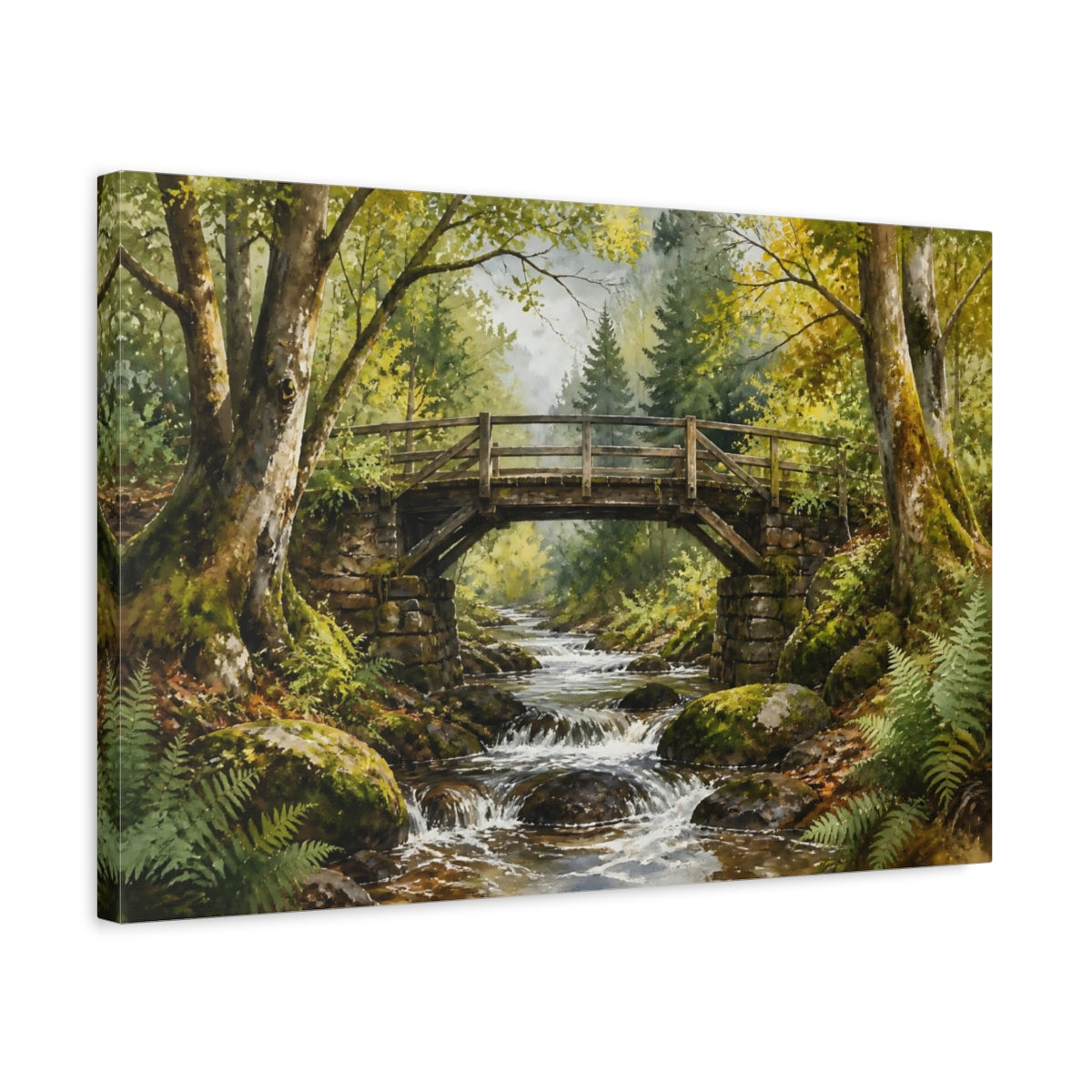 Side Mockup 3. Mossy Forest Bridge shown as canvas print