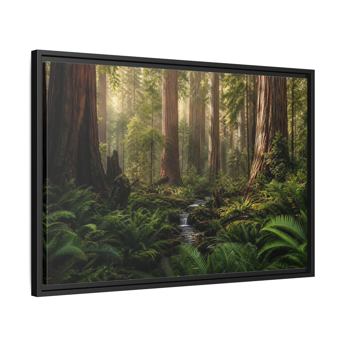 Side Mockup 14. Mossy Redwood Forest Stream shown as framed canvas print
