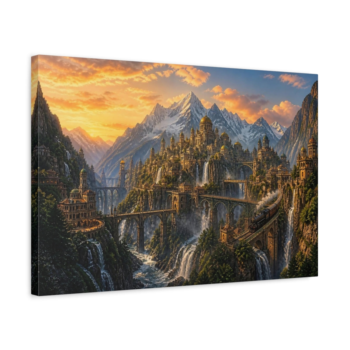 Side Mockup 3. Mountain City Landscape shown as canvas print