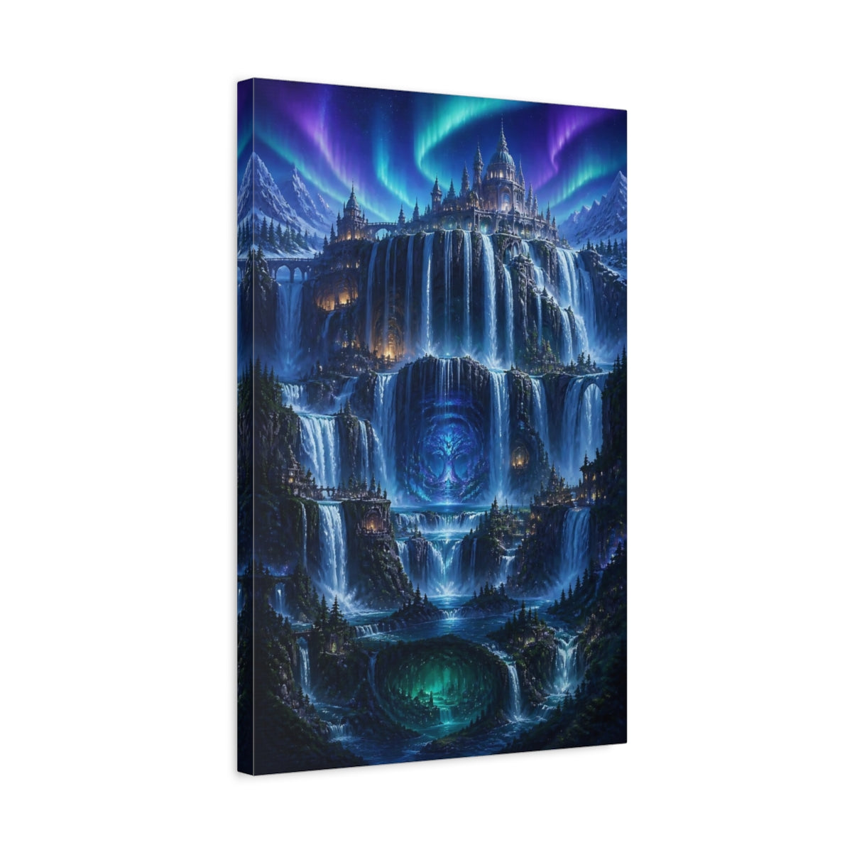 Side Mockup 3. Mystic Waterfall Castle shown as canvas print