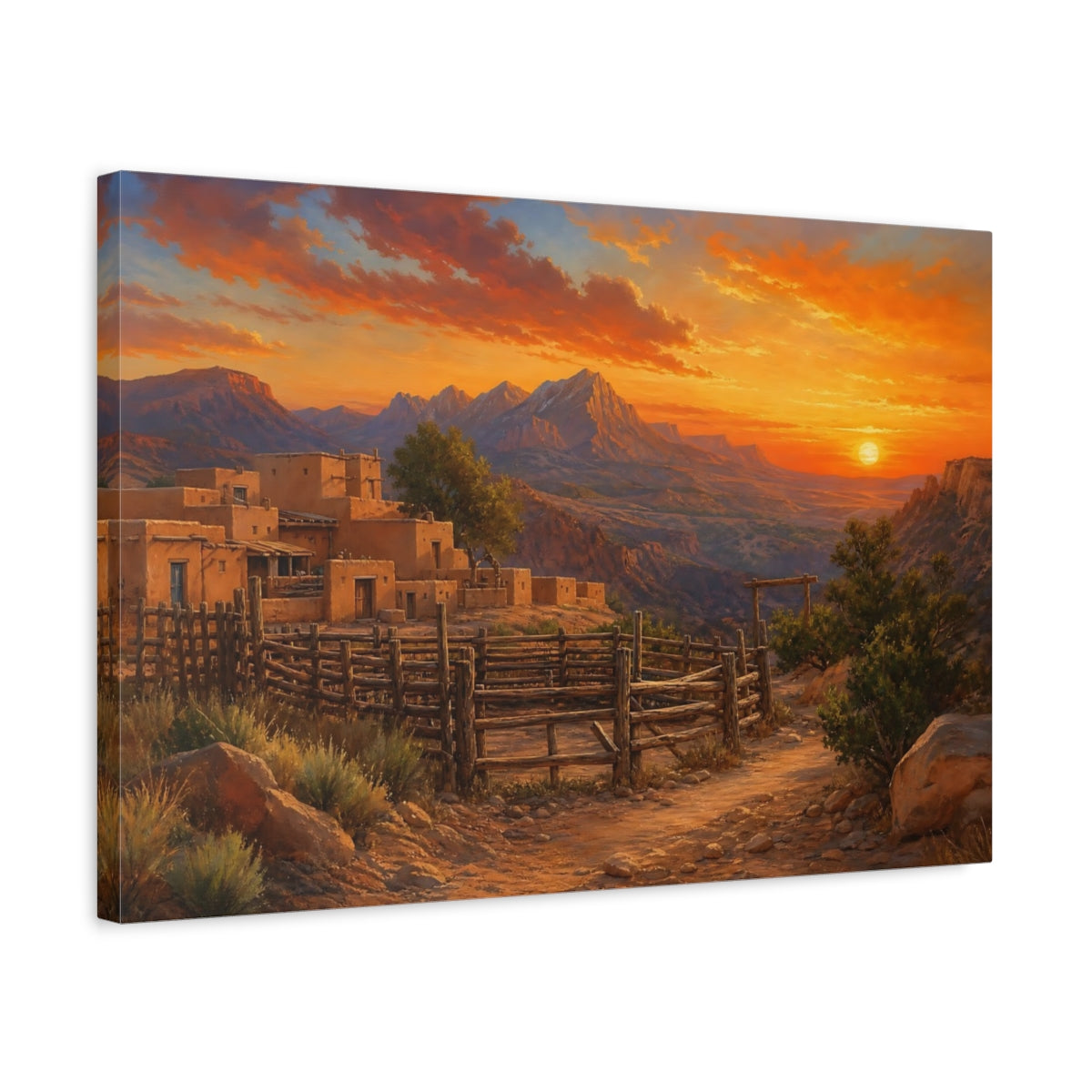 Side Mockup 3. Nature Adobe Village Orange And Brown shown as stretched canvas wall art