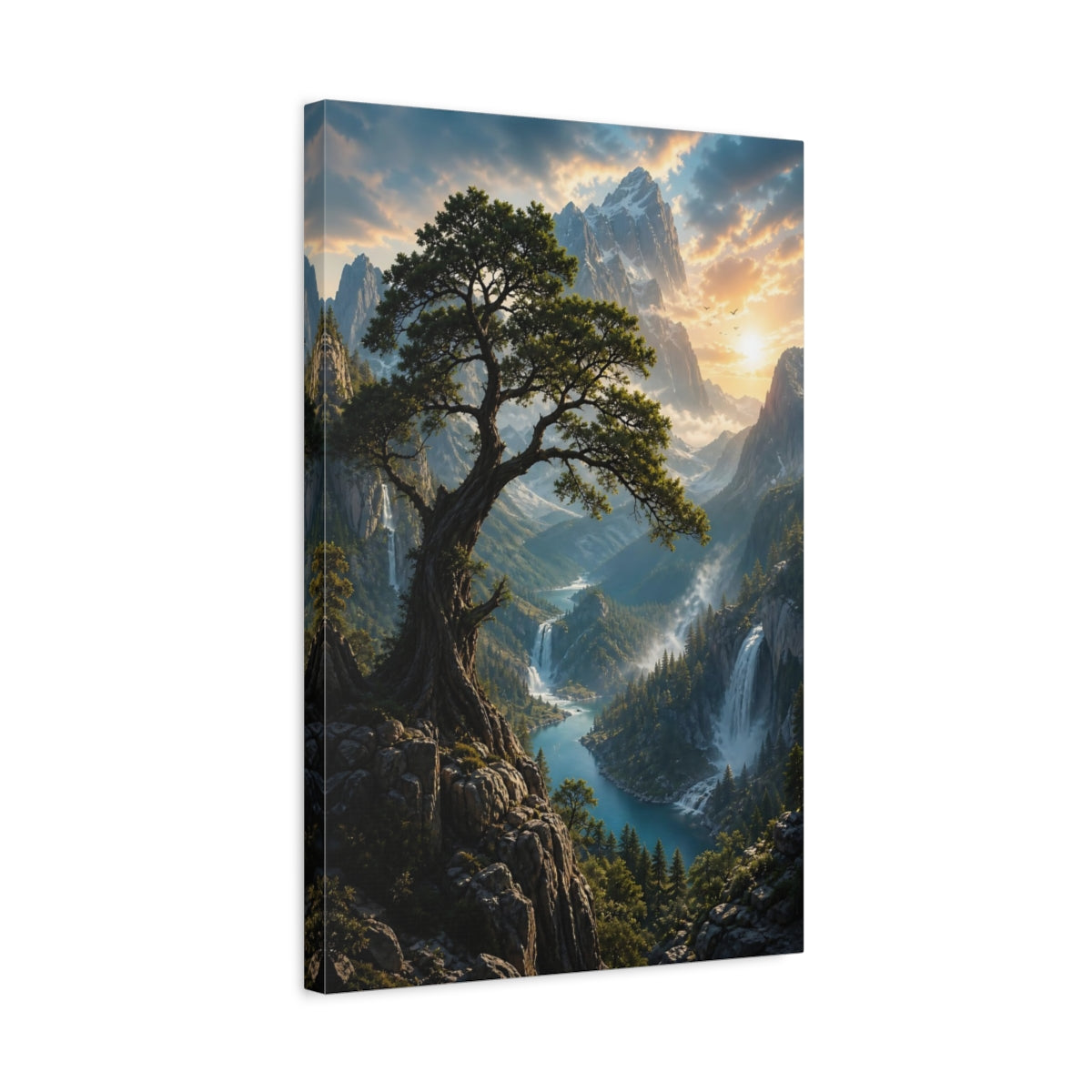 Nature Ancient Tree Mountain Valley Canvas Wall Art Print - Living Room Above Couch shown as canvas wall art