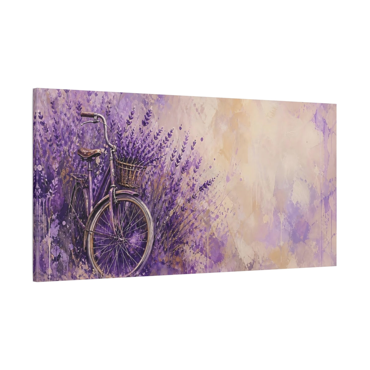 Side Mockup 2. Nature Bicycle Purple Lavender Bike shown as stretched canvas wall art