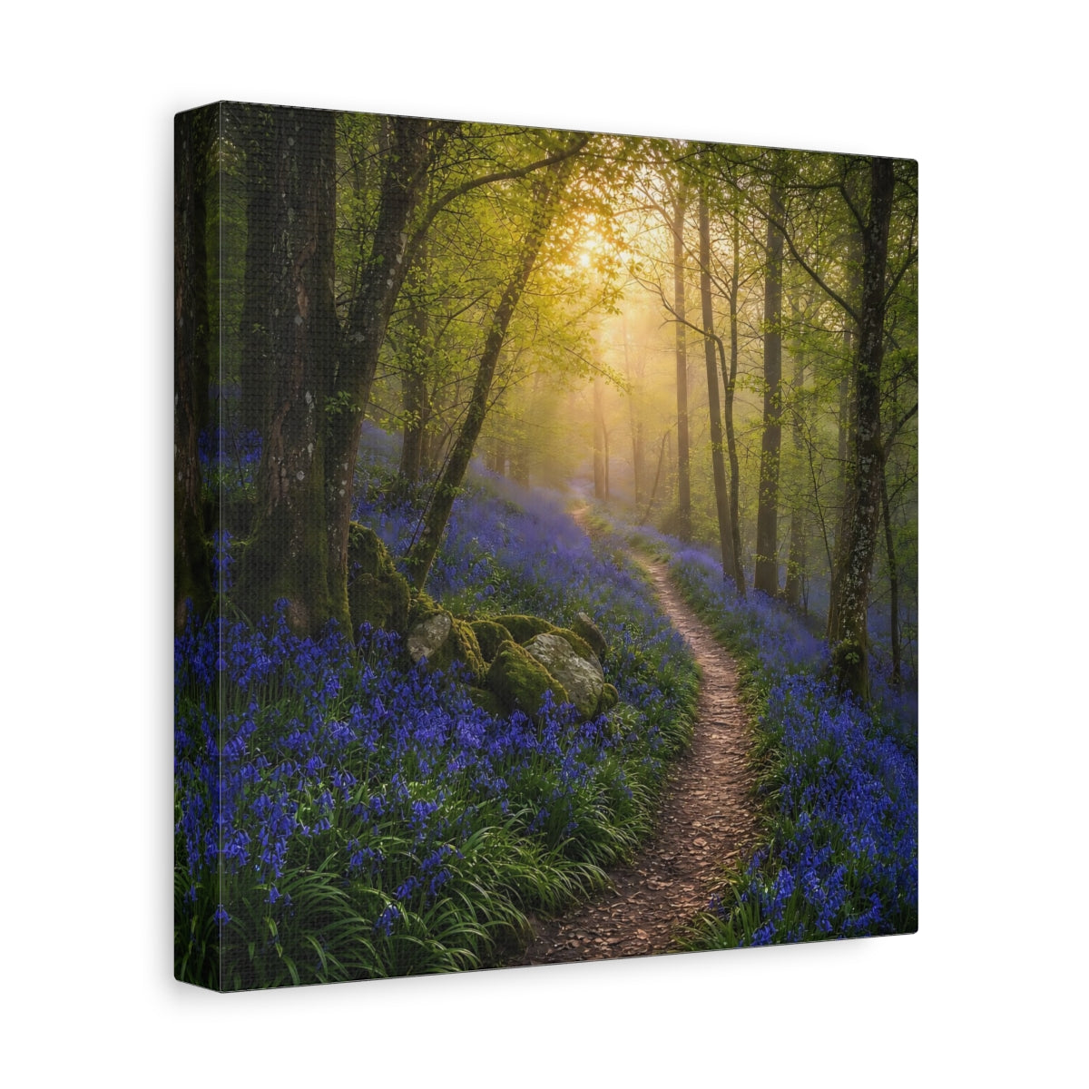 Side Mockup 9. Nature Bluebell Forest Bluebell Forest Path shown as stretched canvas wall art