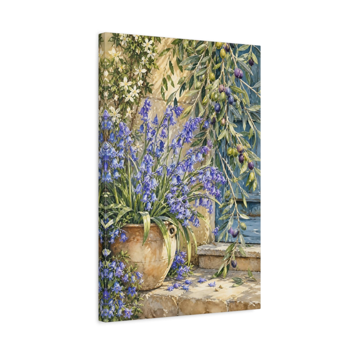 Side Mockup 3. Nature Bluebells Blue Floral Rustic shown as stretched canvas wall art
