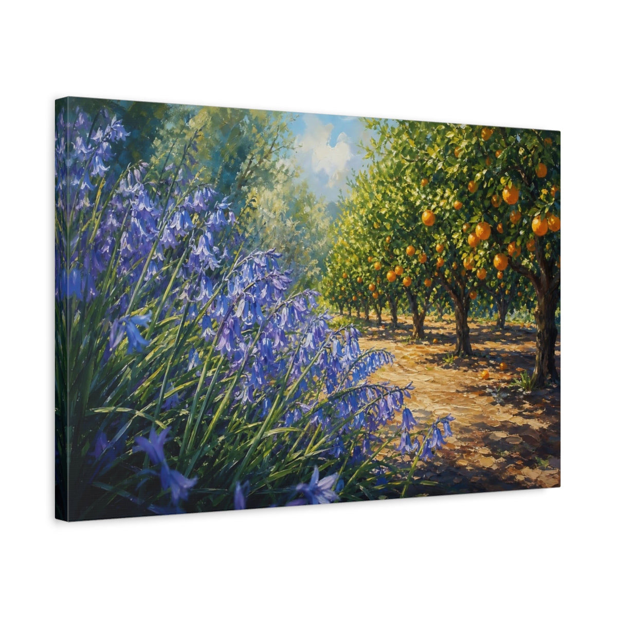 Side Mockup 3. Nature Bluebells, Orange Grove Blue Orange Landscape shown as stretched canvas wall art