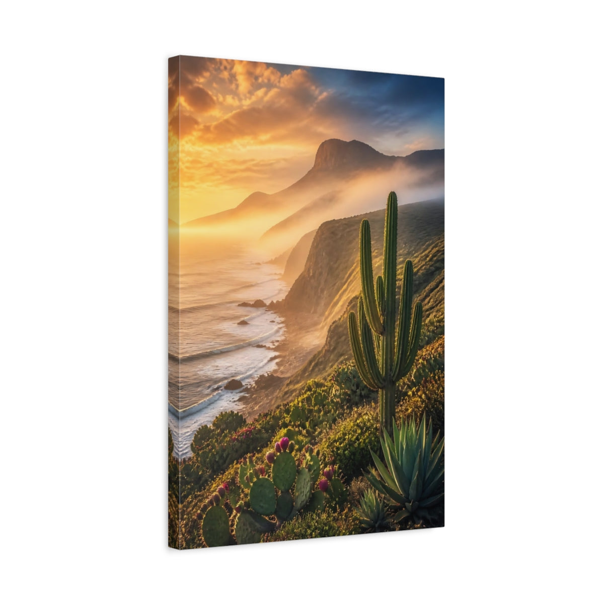 Side Mockup 3. Nature Cactus Golden Cactus Coast shown as stretched canvas wall art