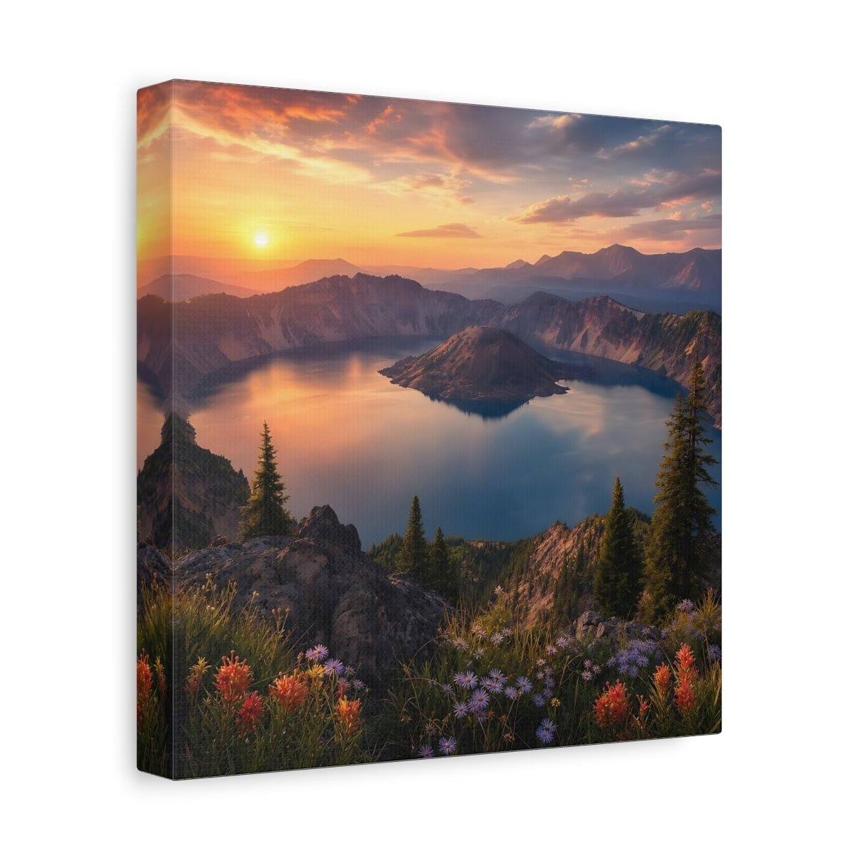 Side Mockup 9. Nature Caldera Lake Sunset Lake shown as stretched canvas wall art