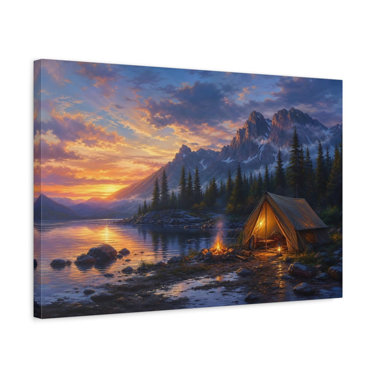 Side Mockup 3. Nature Campsite Orange Blue Sunset shown as stretched canvas wall art