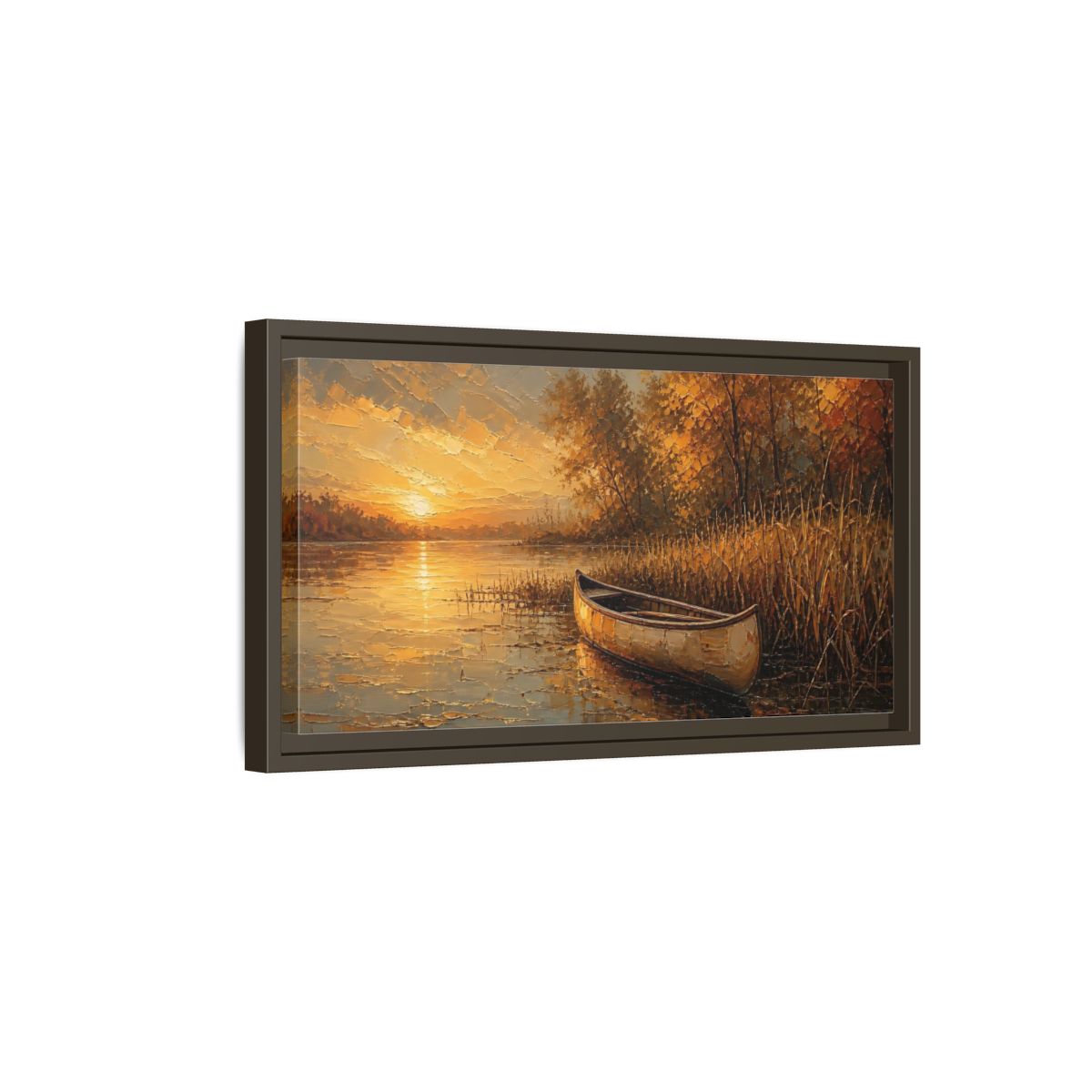 Side Mockup 7. Nature Canoe Sunset Golden Sunset shown as stretched canvas wall art