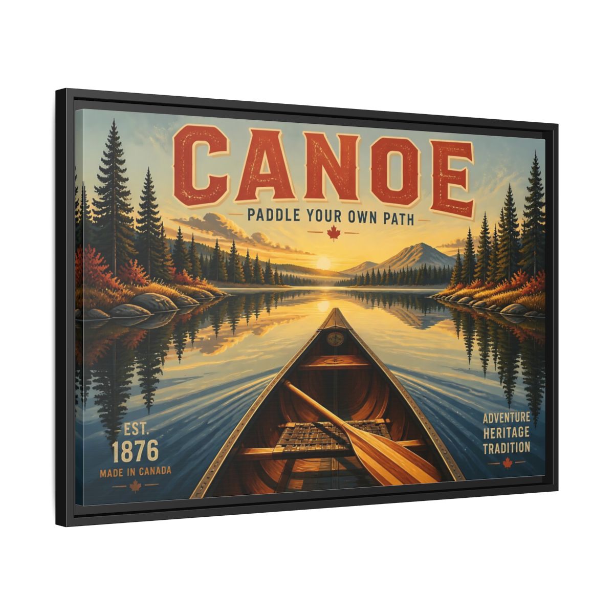 Side Mockup 14. Nature Canoe Vintage Canoe Sunset shown as framed canvas print