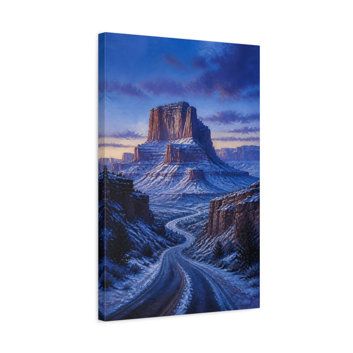 Side Mockup 3. Nature Canyon Road Blue And White Landscape shown as stretched canvas wall art