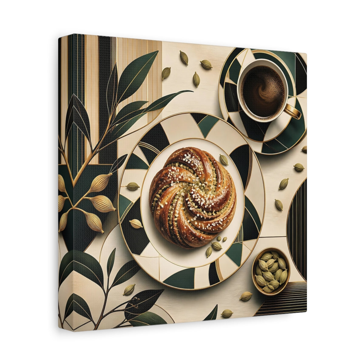 Side Mockup 9. Nature Cardamom Bun Green And Gold Still Life shown as stretched canvas wall art