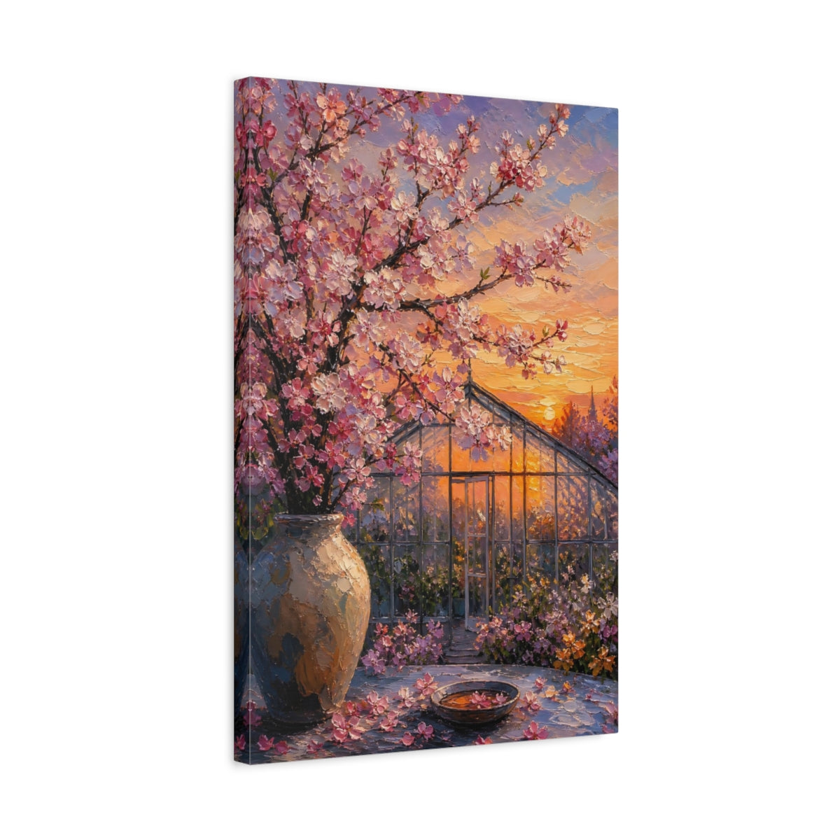 Side Mockup 3. Nature Cherry Blossoms Pink And Orange shown as stretched canvas wall art