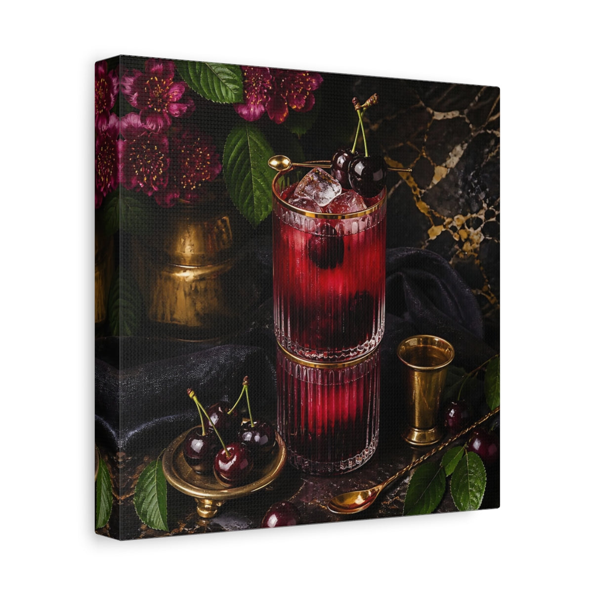 Side Mockup 9. Nature Cherry Cocktail Burgundy And Gold shown as stretched canvas wall art