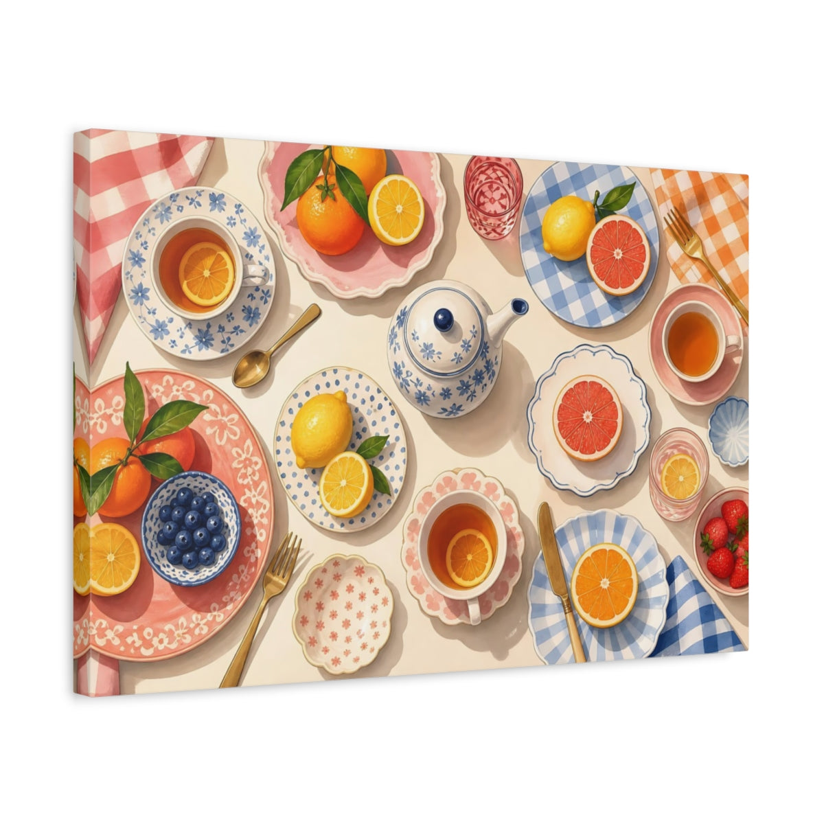 Side Mockup 3. Nature Citrus Fruits Afternoon Tea Scene shown as stretched canvas wall art