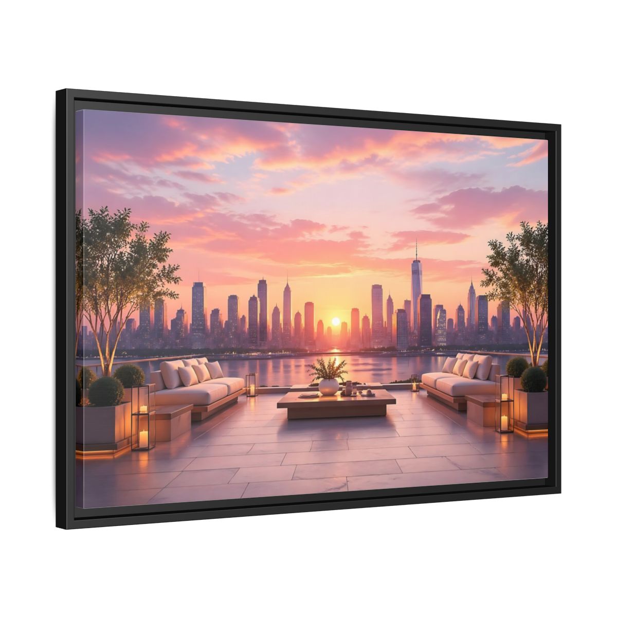 Side Mockup 14. Nature Cityscape Sunset Pink Sunset Cityscape shown as stretched canvas wall art
