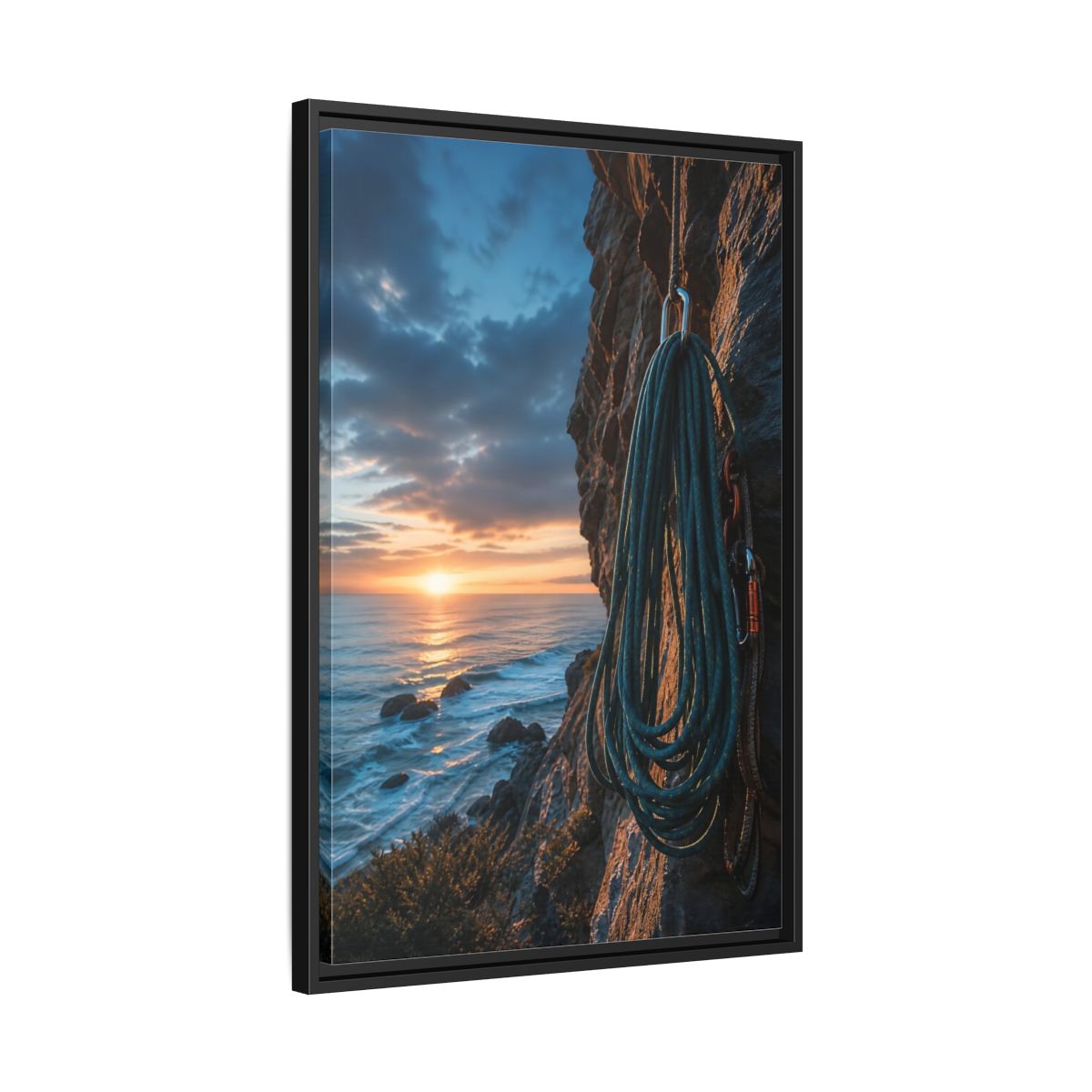 Side Mockup 14. Nature Climbing Rope Sunset Ocean Climb shown as framed canvas print