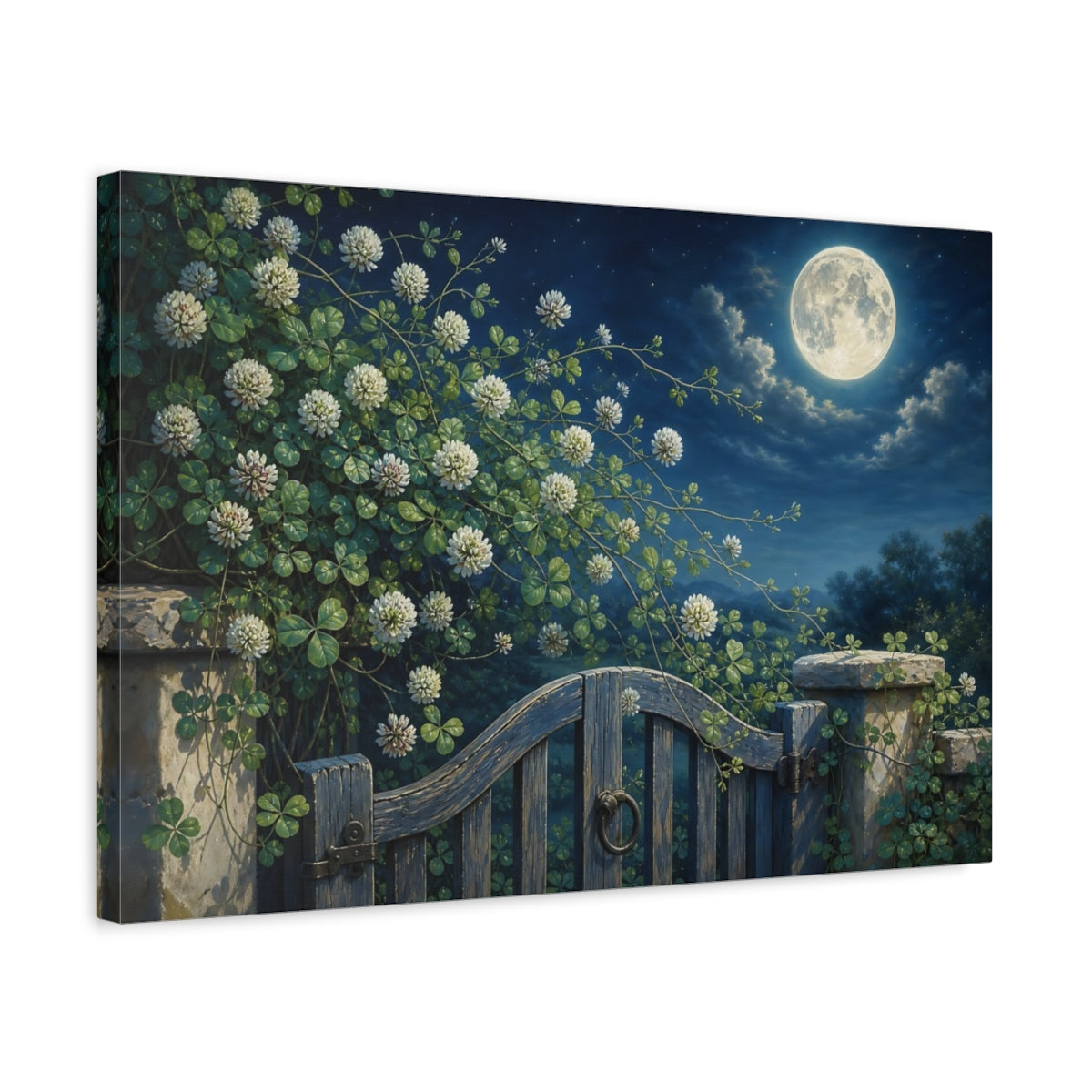 Side Mockup 3. Nature Clover Blossoms Night Garden Scene shown as stretched canvas wall art