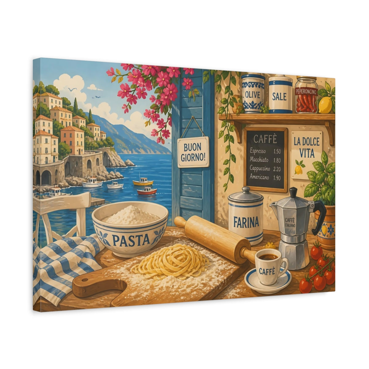 Side Mockup 3. Nature Coastal Kitchen Italian Coastal Kitchen shown as stretched canvas wall art
