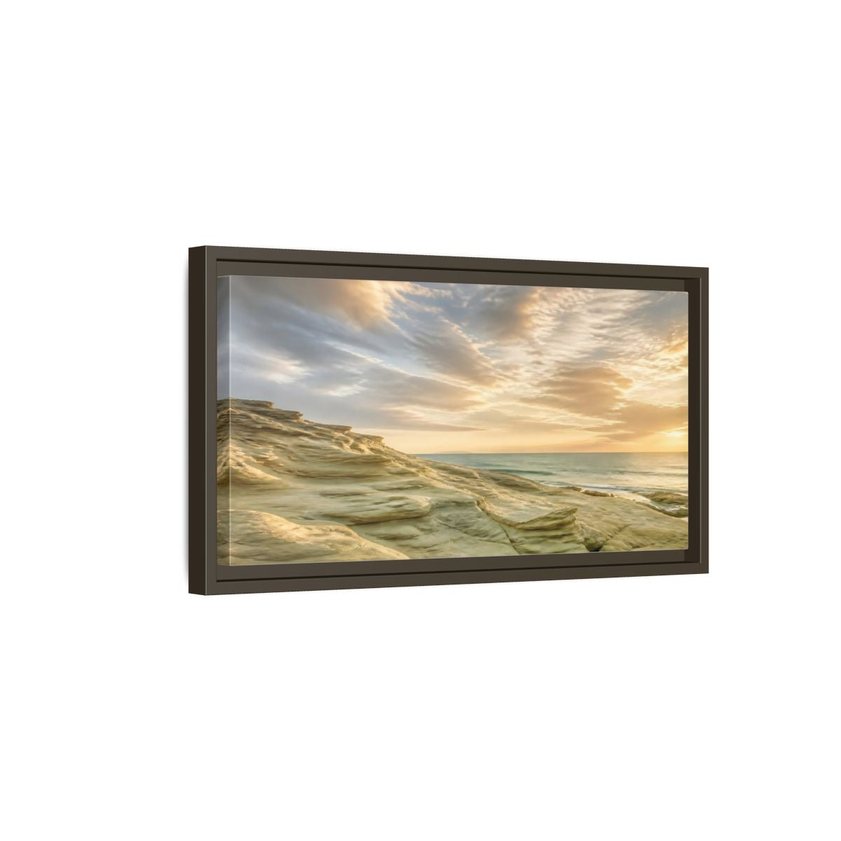 Side Mockup 7. Nature Coastal Rocks Golden Hour Coast shown as stretched canvas wall art