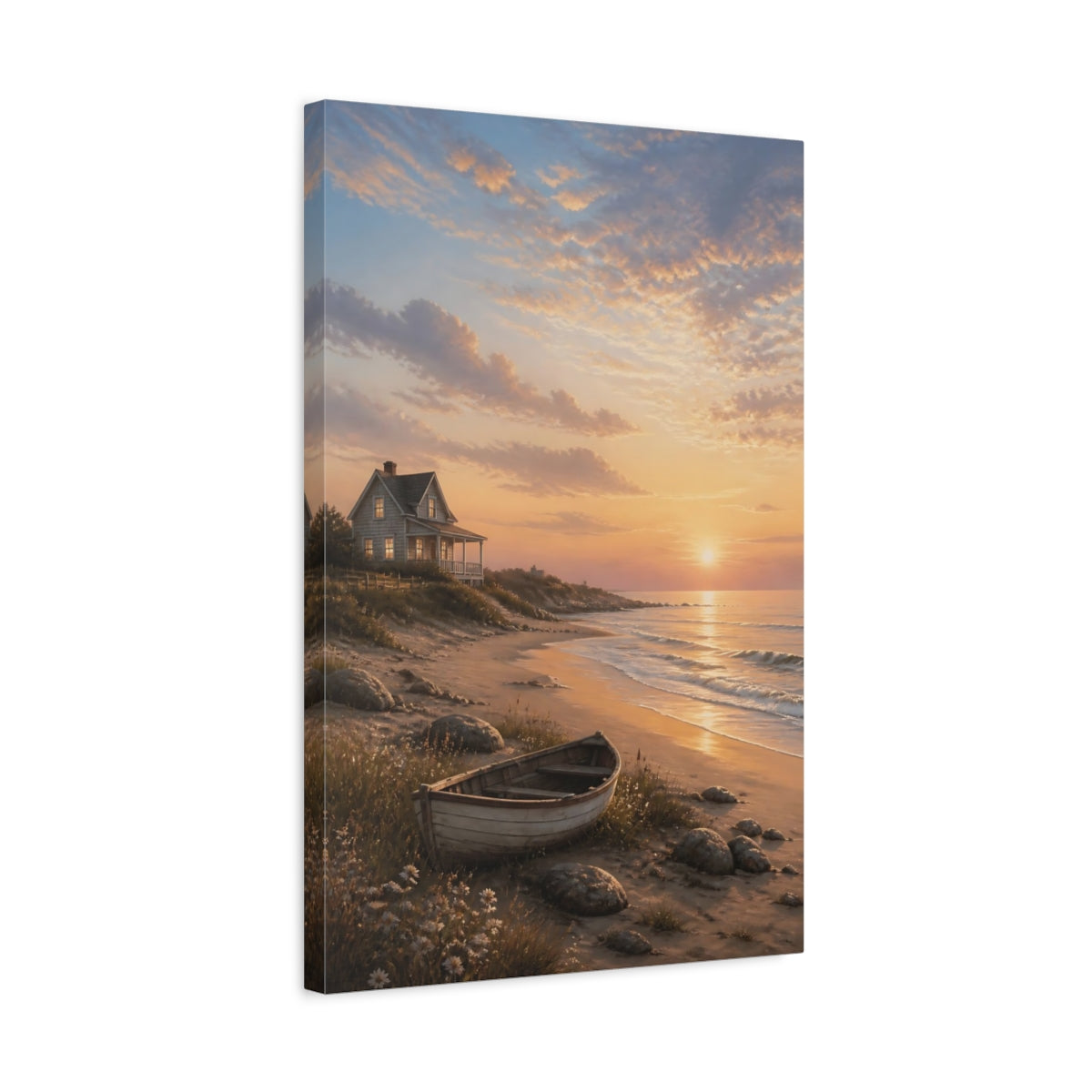 Side Mockup 3. Nature Coastal Sunset Coastal Sunset shown as stretched canvas wall art