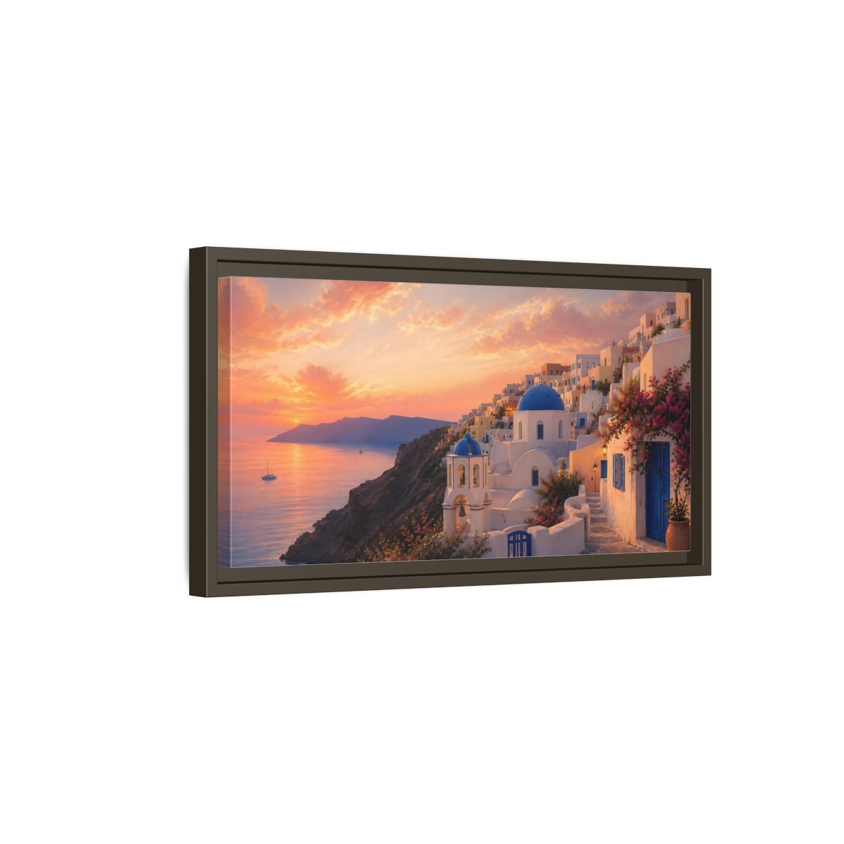 Side Mockup 7. Nature Coastal Town Mediterranean Sunset shown as stretched canvas wall art