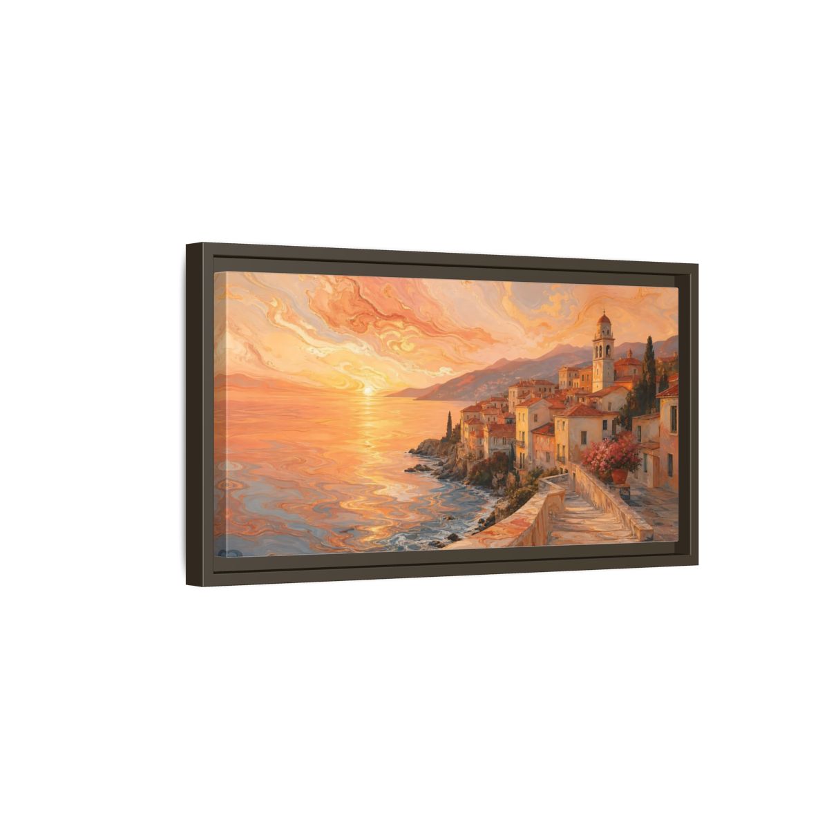 Side Mockup 7. Nature Coastal Town Orange Sunset Coastal shown as stretched canvas wall art