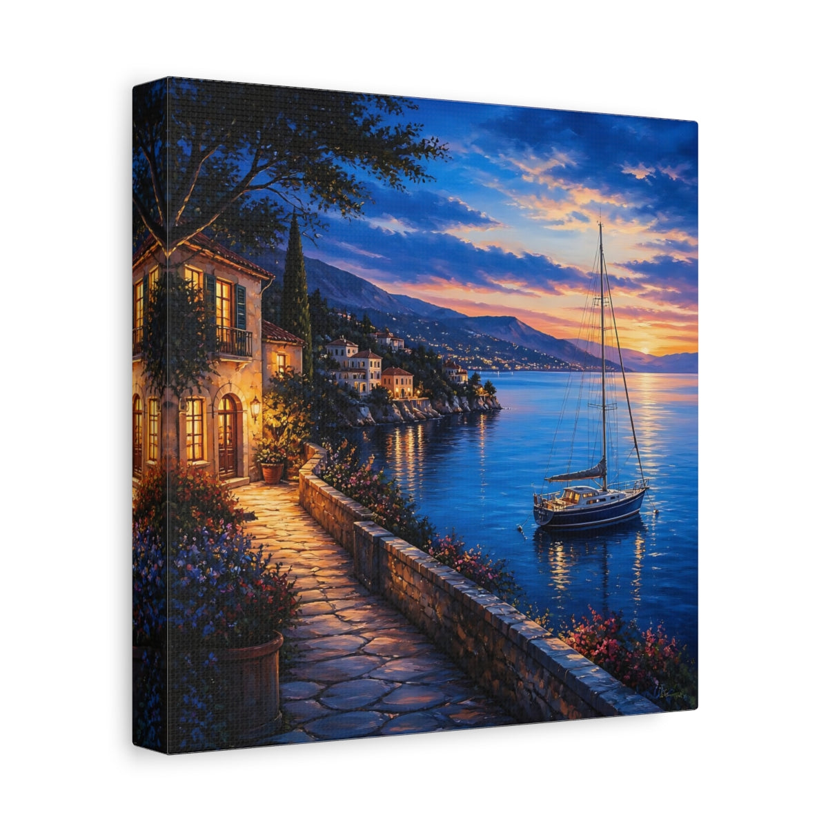 Side Mockup 9. Nature Coastal Village Coastal Sunset shown as stretched canvas wall art