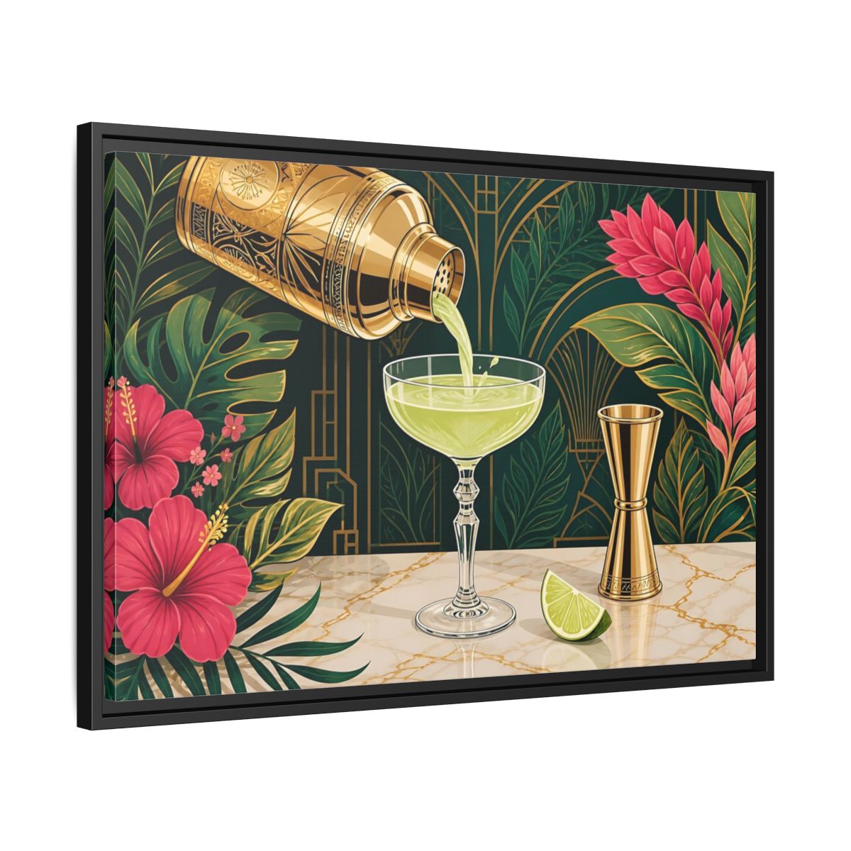 Side Mockup 14. Nature Cocktail Scene Green And Gold shown as stretched canvas wall art