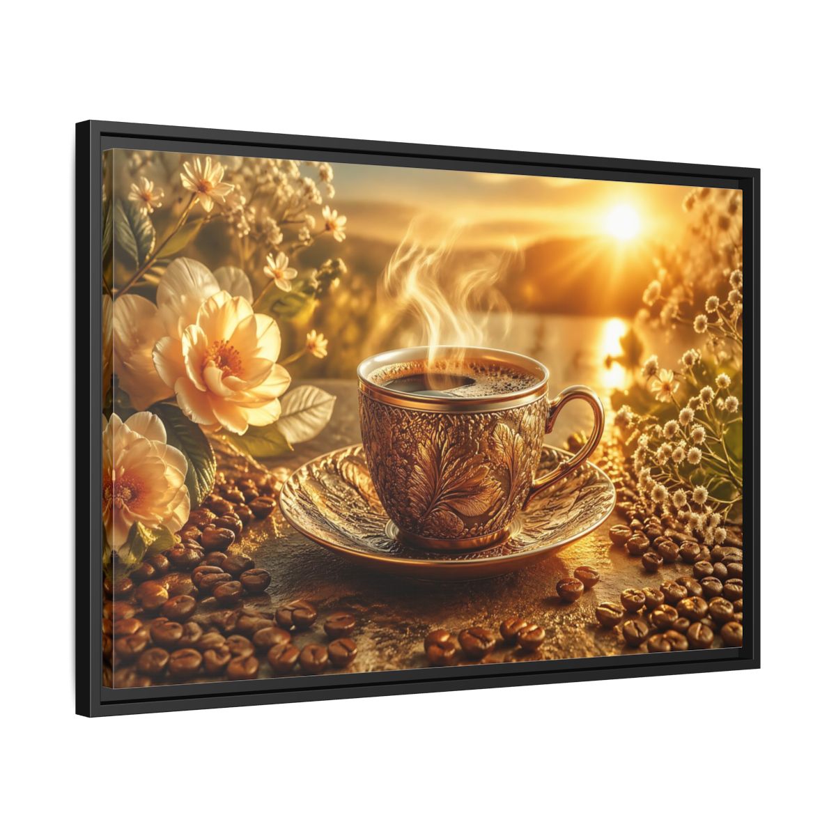 Side Mockup 14. Nature Coffee Cup Golden Coffee shown as stretched canvas wall art