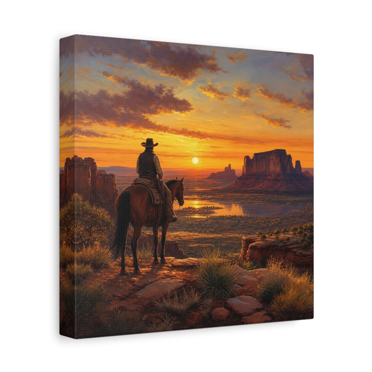 Side Mockup 9. Nature Cowboy Western Sunset shown as stretched canvas wall art