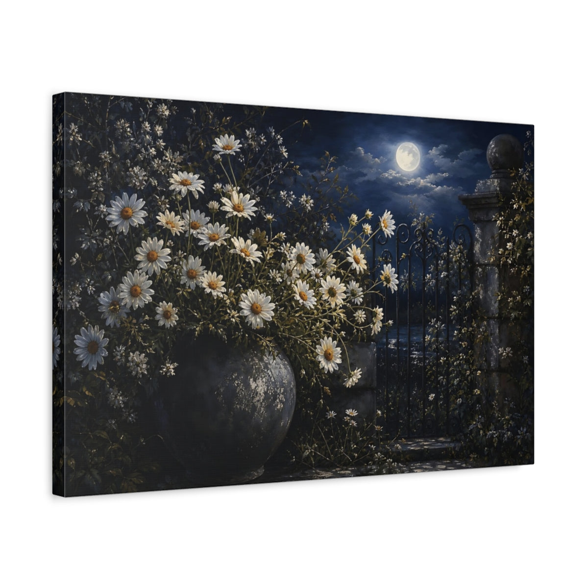 Side Mockup 3. Nature Daisies Moonlit Daisies shown as stretched canvas wall art