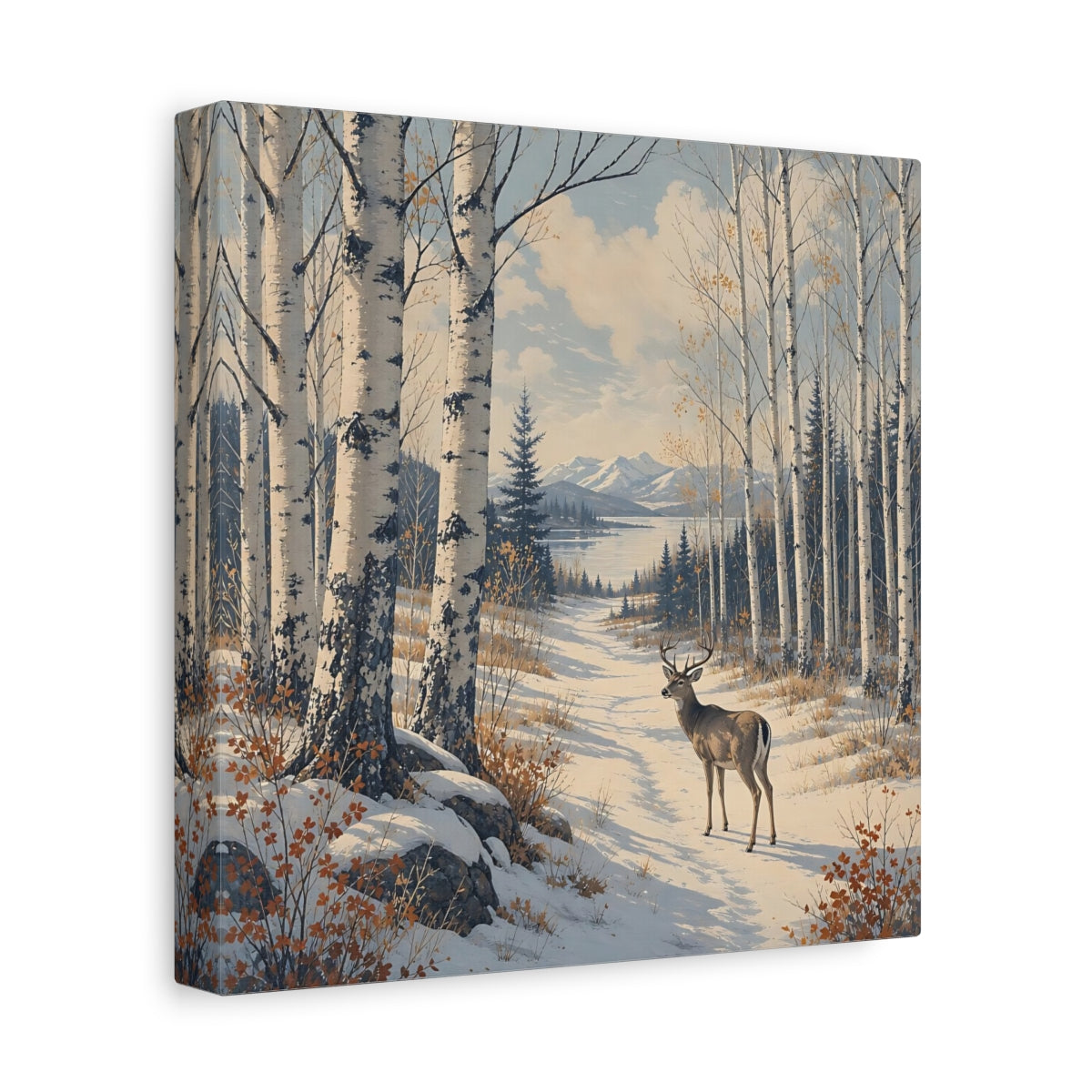Side Mockup 9. Nature Deer Winter Forest Deer shown as stretched canvas wall art