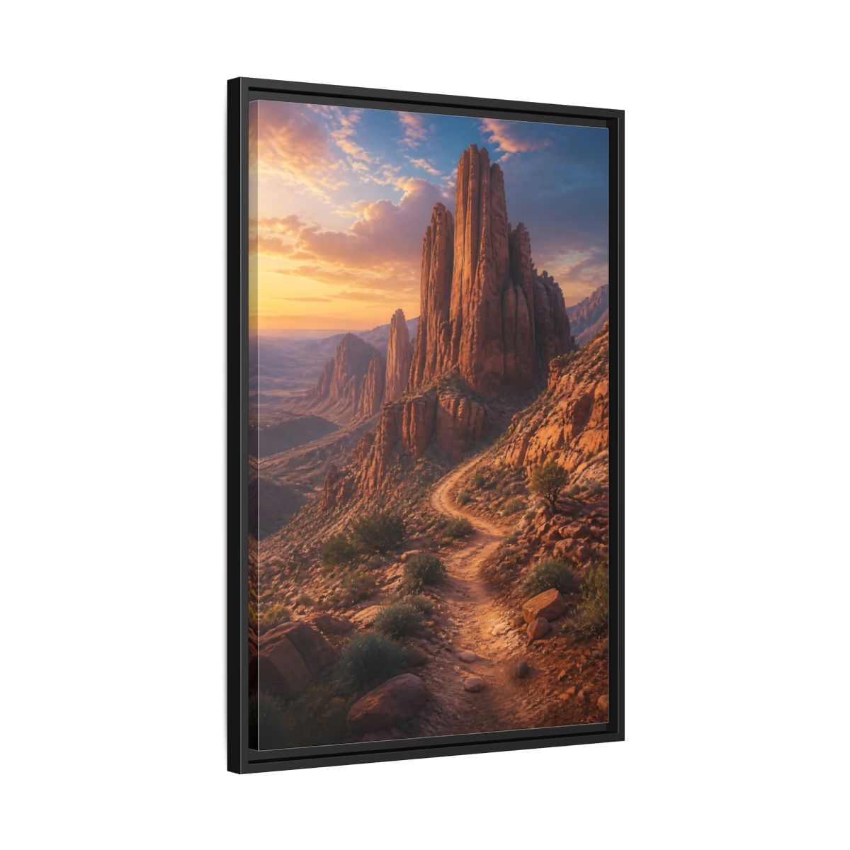 Side Mockup 14. Nature Desert Mountains Orange And Blue shown as stretched canvas wall art