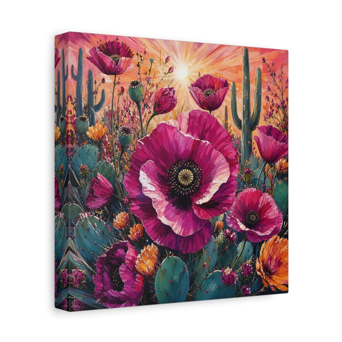 Side Mockup 9. Nature Desert Poppies Pink Desert Floral shown as stretched canvas wall art