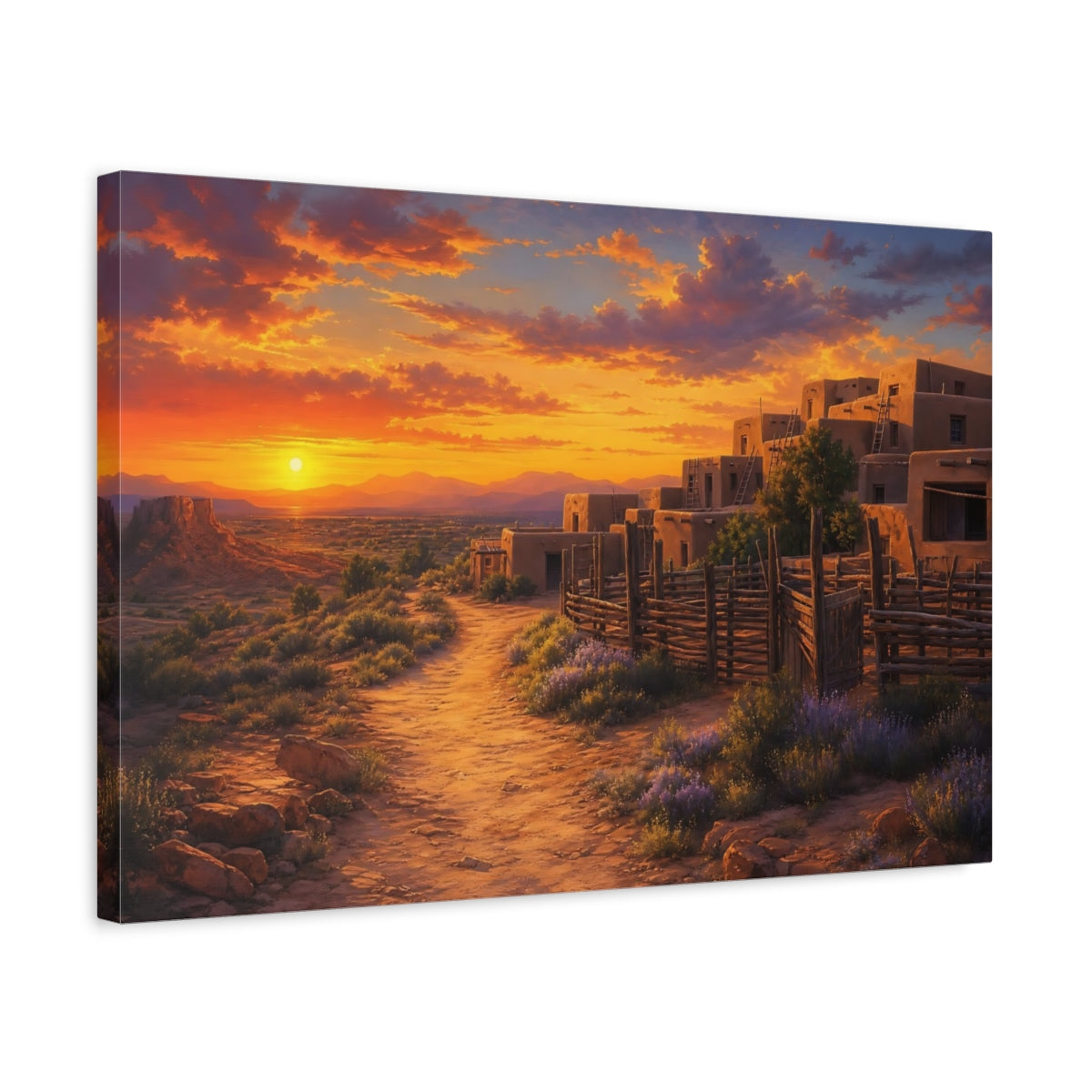 Side Mockup 3. Nature Desert Pueblo Southwest Sunset shown as stretched canvas wall art
