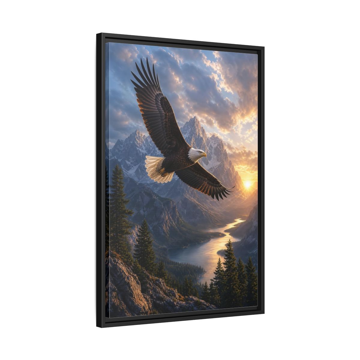 Nature Eagle Mountain Sunset Framed Canvas Wall Art - Realistic Living Room Above Sofa shown as canvas wall art