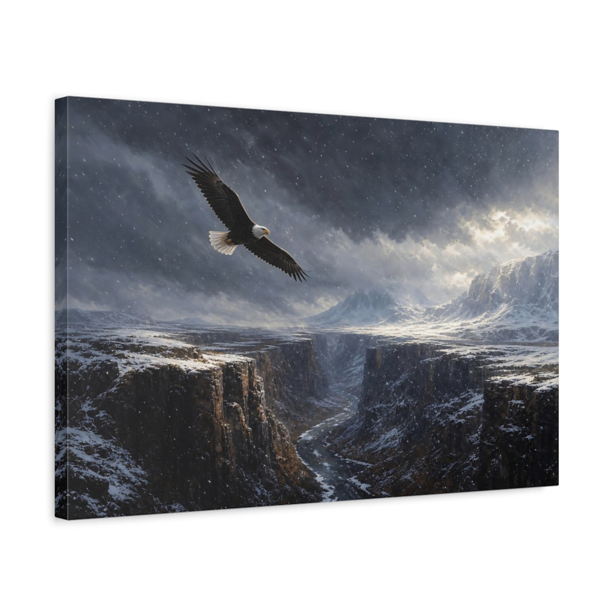 Side Mockup 3. Nature Eagle Snowy Canyon shown as stretched canvas wall art