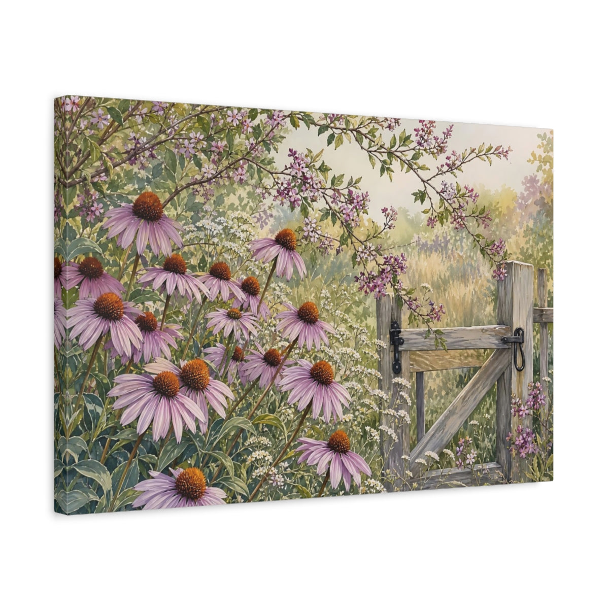 Side Mockup 3. Nature Echinacea Flowers Purple Flowers Gate shown as stretched canvas wall art